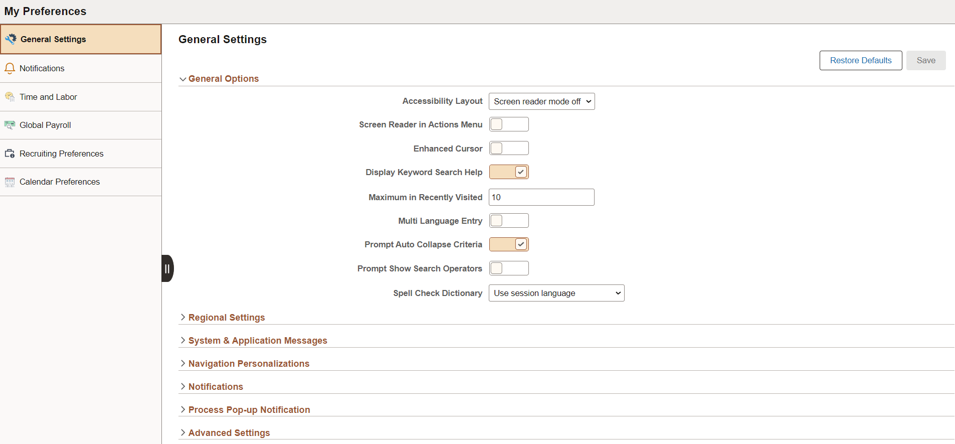 My Preferences - General Settings - General Options