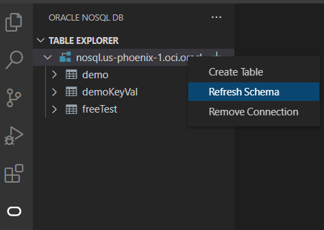 Oracle NoSQL DB VS Code ExtensionのRefresh Schema Oracle NoSQL DB VS Code ExtensionのRefresh Schema