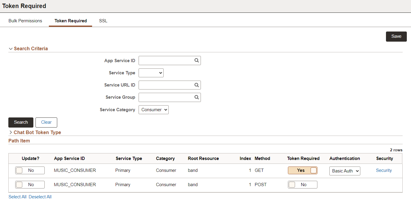 Token Required page for Consumer Application Services