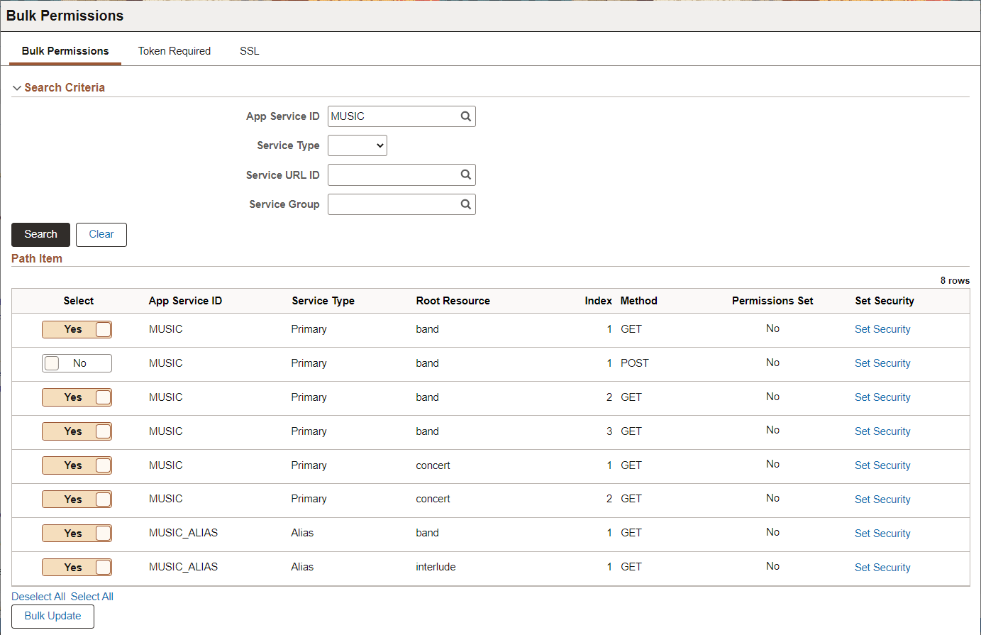 Bulk Permissions page
