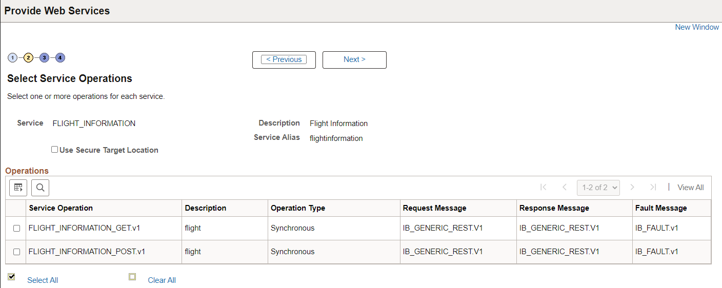 Select Service Operations page for OpenAPI REST service