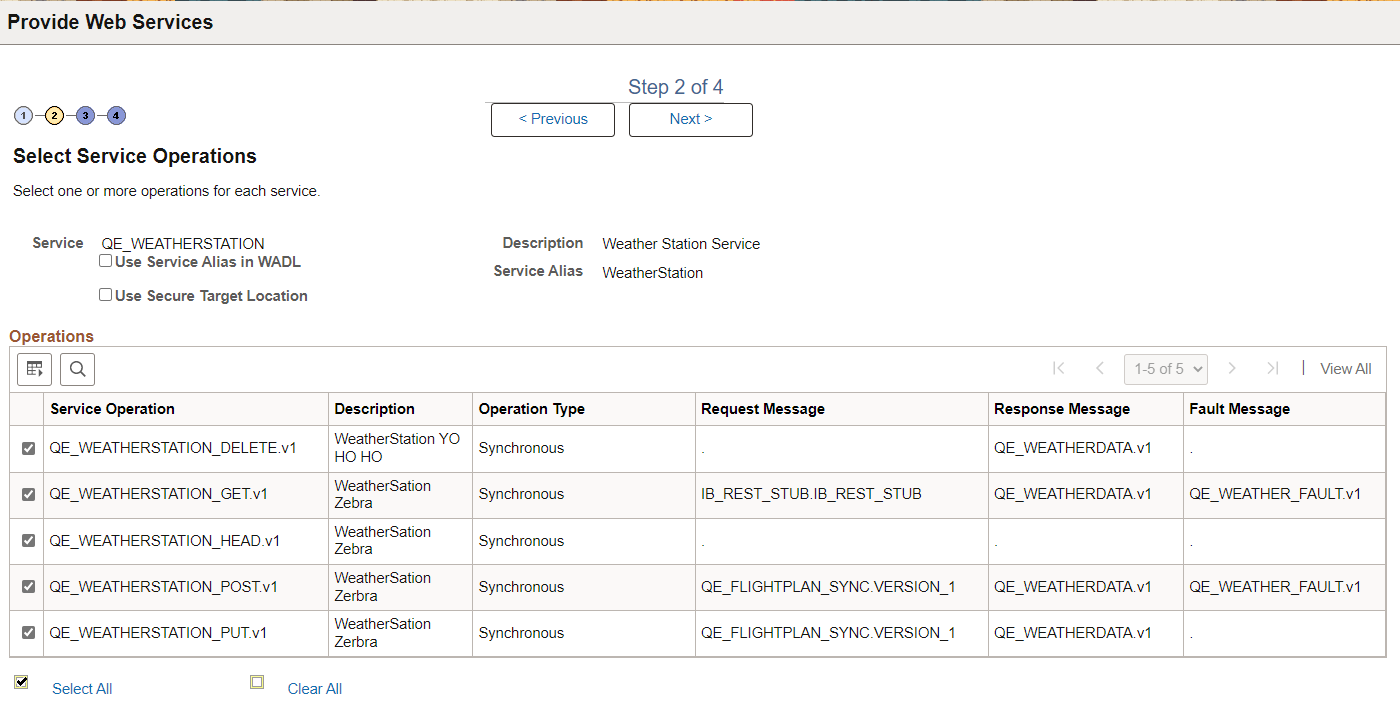 Select Service Operations page for a REST service