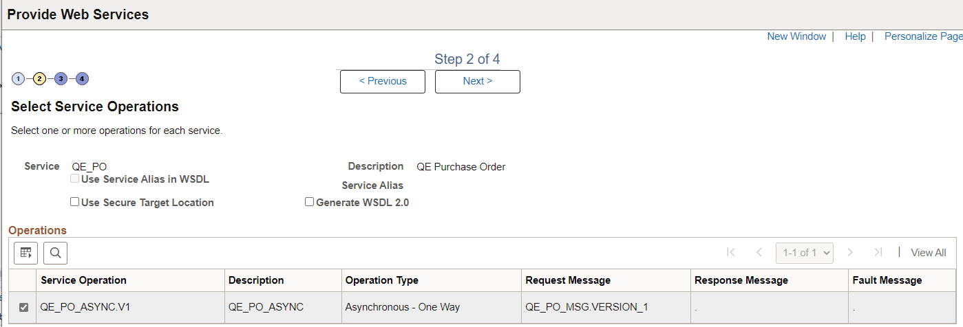 Select Service Operations page