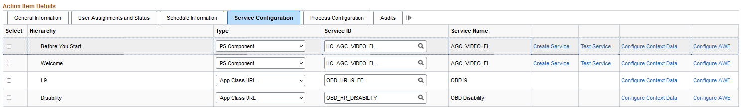 Action Item Details - Service Configuration tab