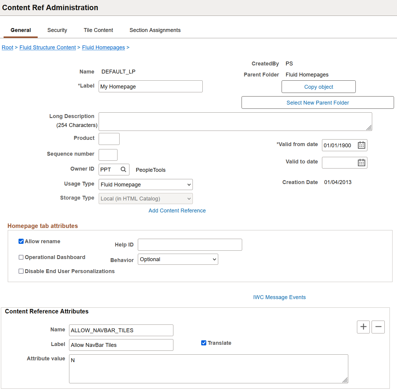 Content Ref Administration page for a fluid homepage definition