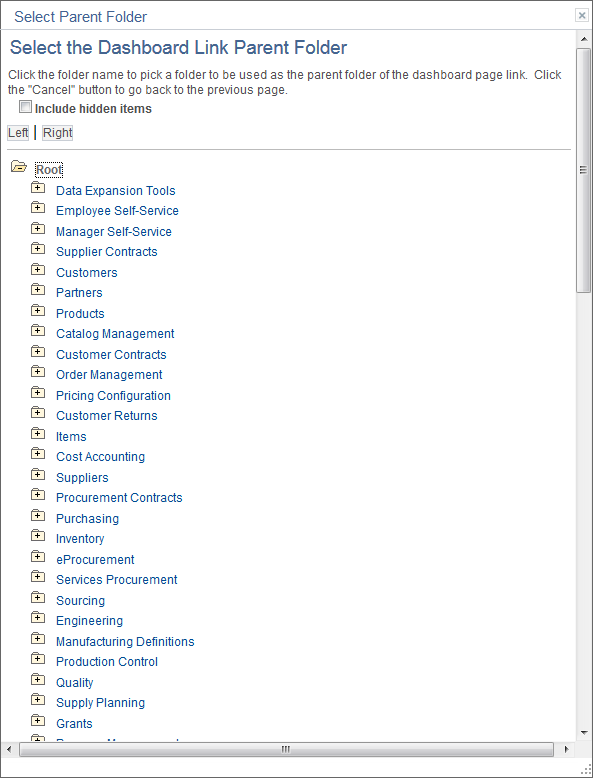 Select the Dashboard Link Parent Folder page