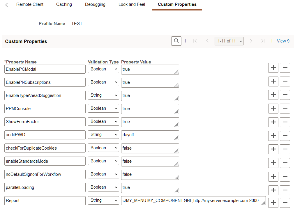 Web Profile Configuration - Custom Properties page