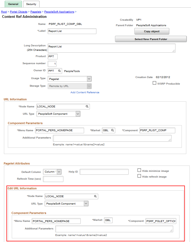Pagelet Attributes group box specifying a component for pagelet personalization