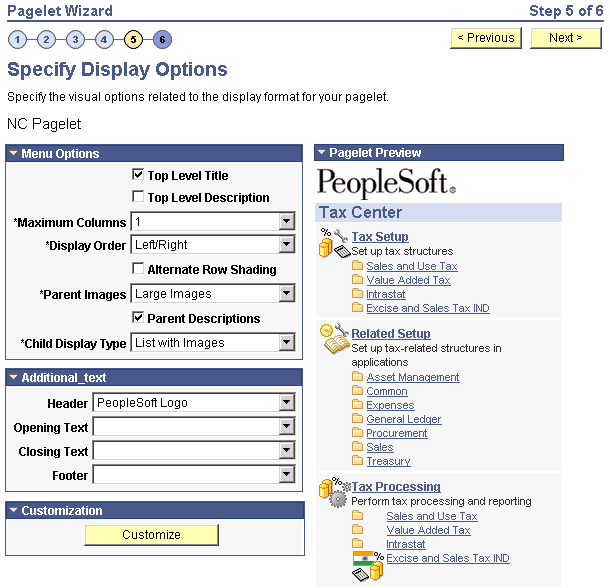 Specify Display Options page - Menu display format