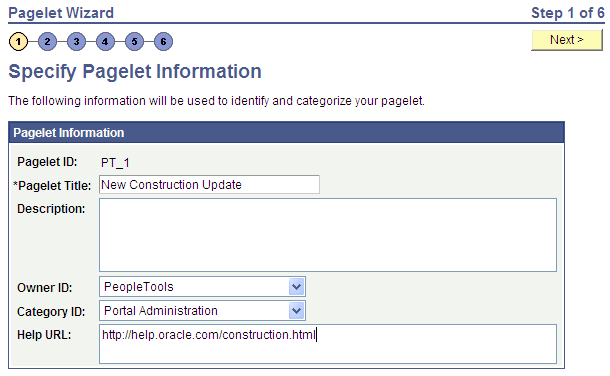 Specify Pagelet Information page
