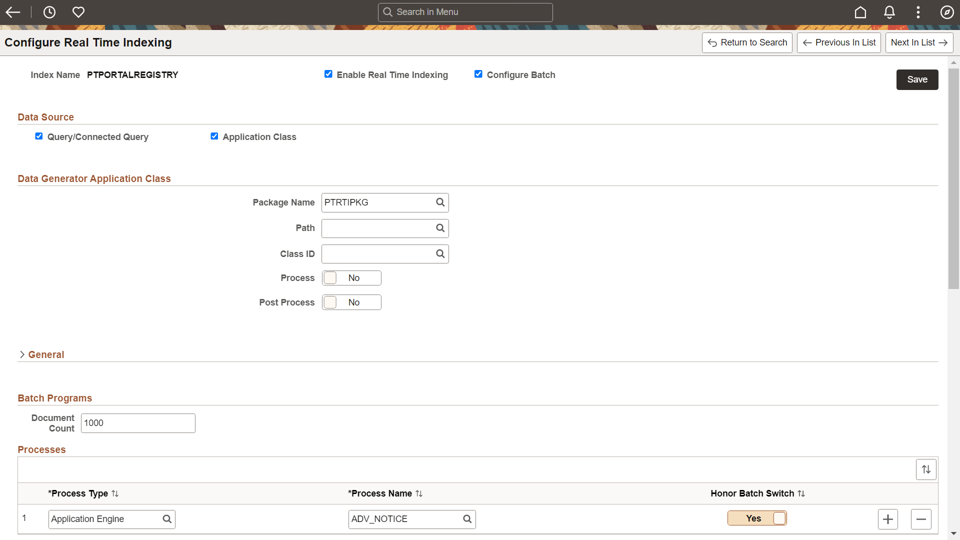 Configure Real Time Indexing page with Configure Batch option