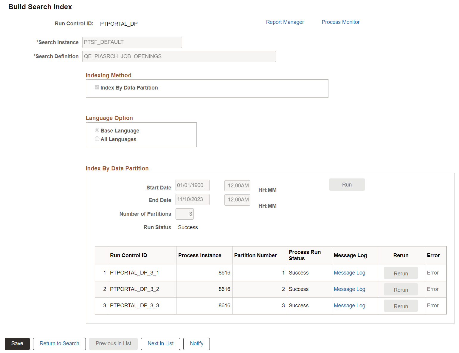Build Search Index page - Data Partition