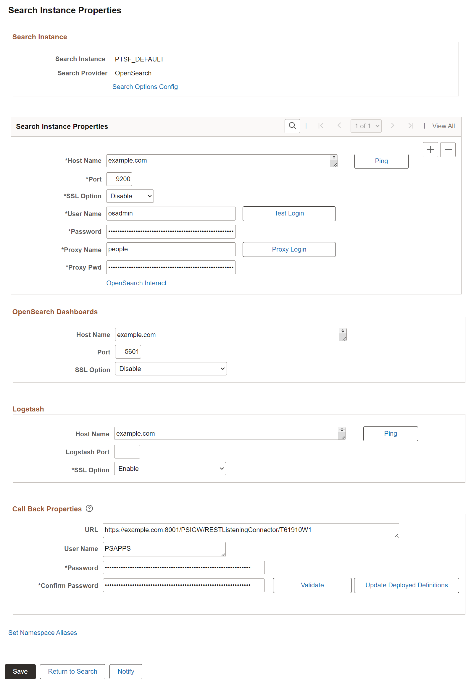 Search Instance Properties page
