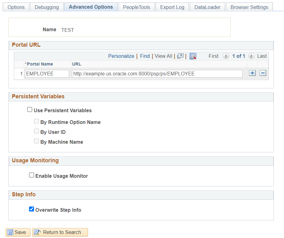 Define Runtime Options- Advanced Options page
