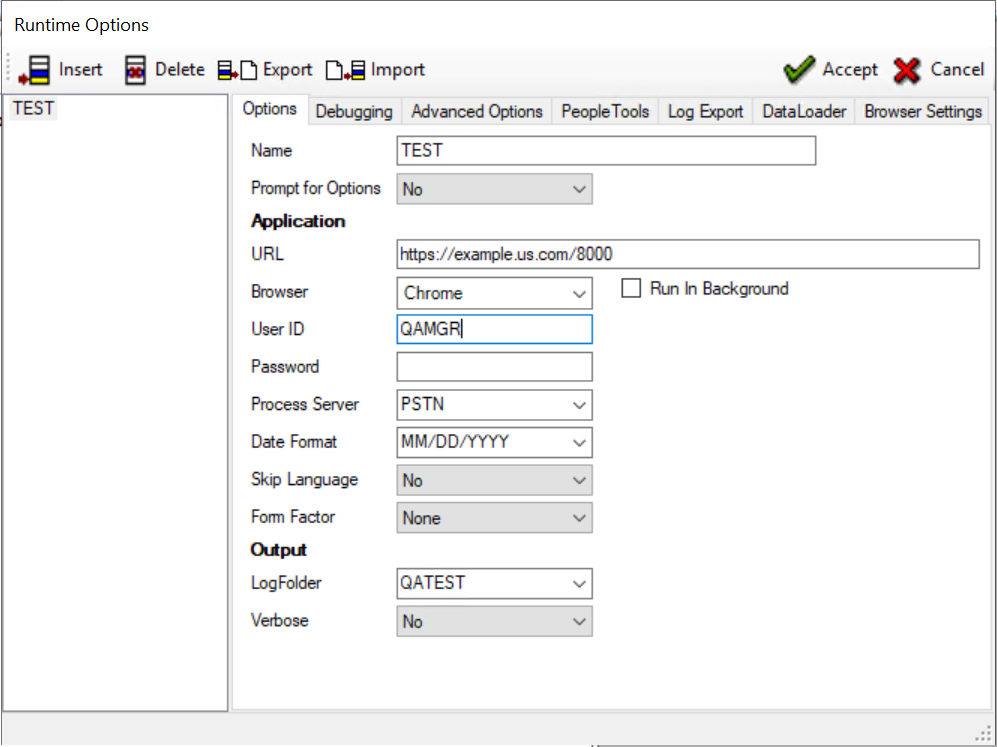 Runtime Options dialog- Options tab