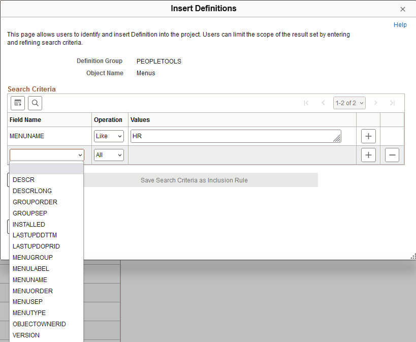 Insert Definitions page showing a drop-down list after adding a second row.
