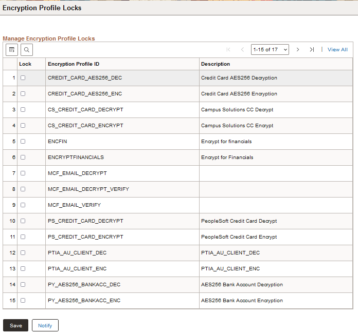 Manage Encryption Profile Lock page
