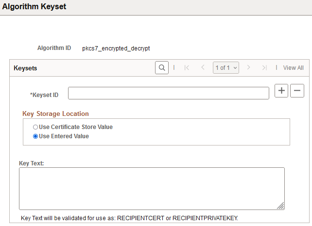 Algorithm Keyset page with Use Entered Value