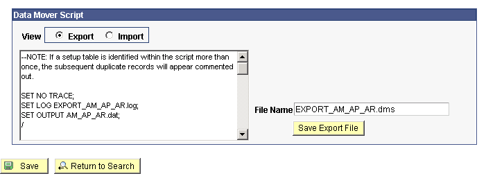 Generate Data Mover Script page (2 of 2)