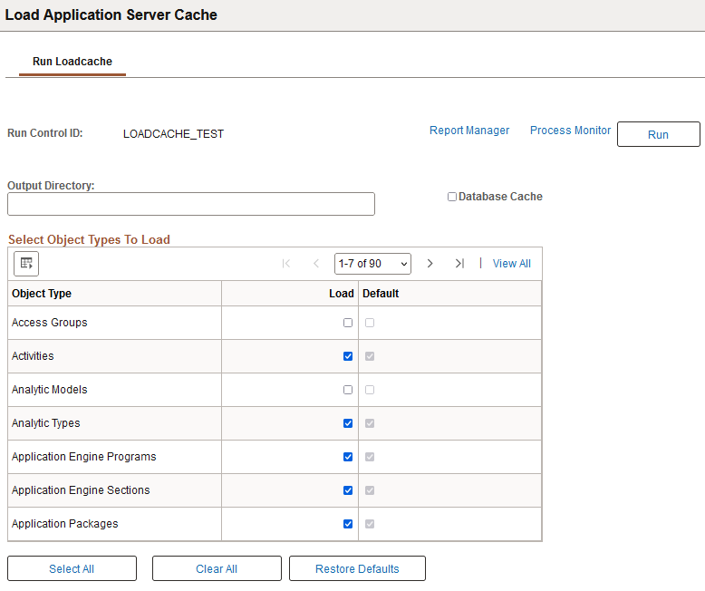Load Application Server Cache page (1 of 2)