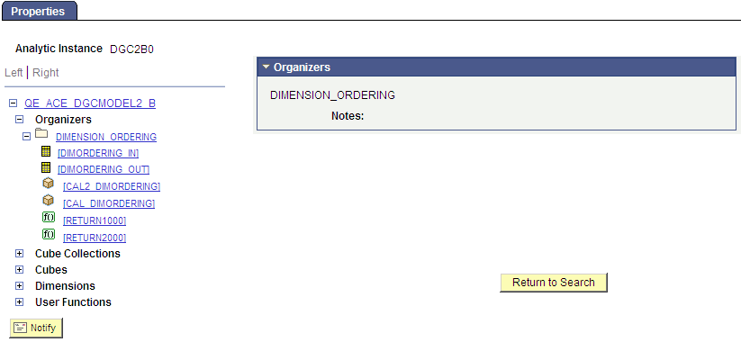 Analytic Model Viewer - Properties page, Organizer Properties panel