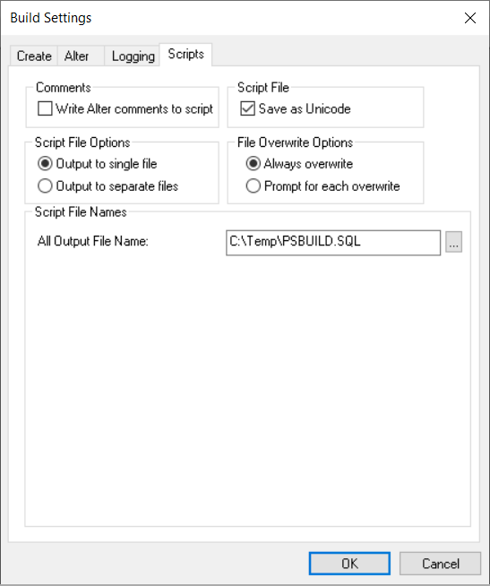 Build Settings dialog box: Scripts tab