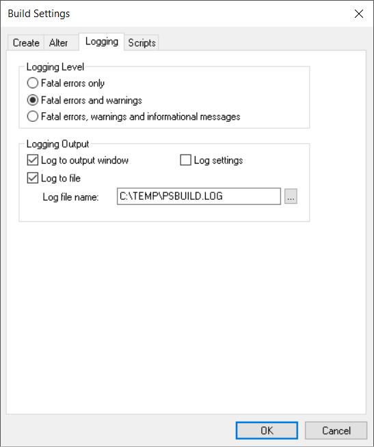 Build Settings dialog box: Logging tab