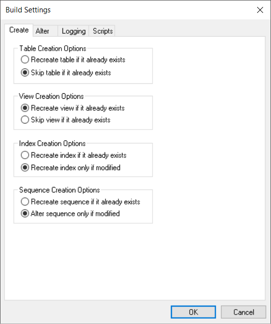 Build Settings dialog box: Create tab