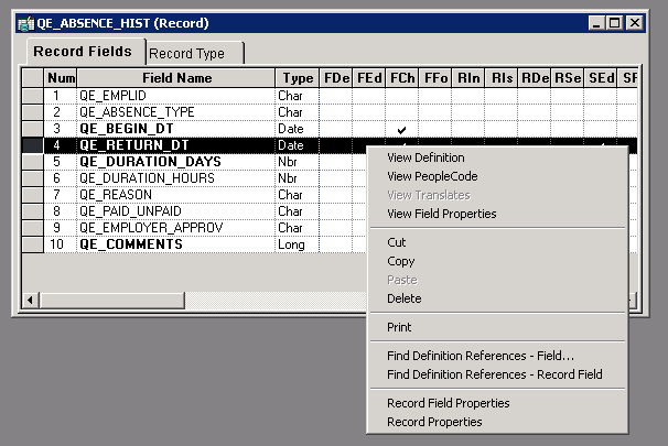 Example of accessing PeopleCode from a record definition by right-clicking