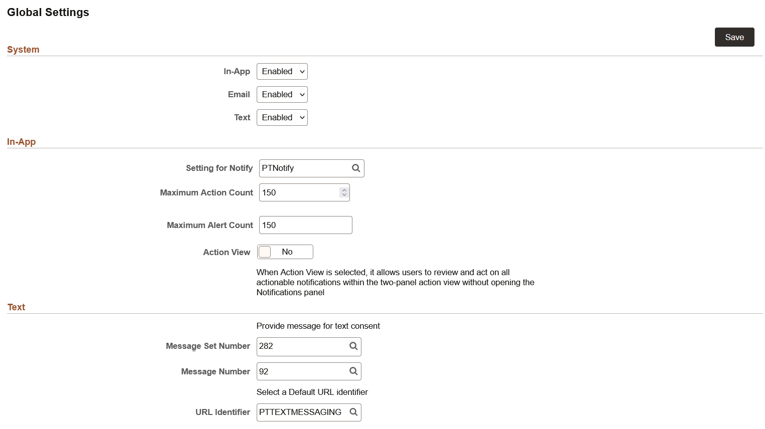 Global Settings page