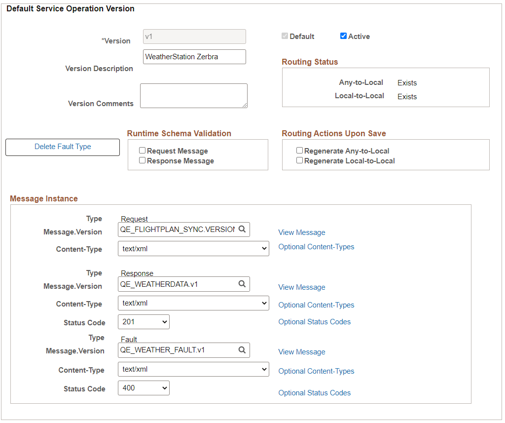 Default Service Operation Version section