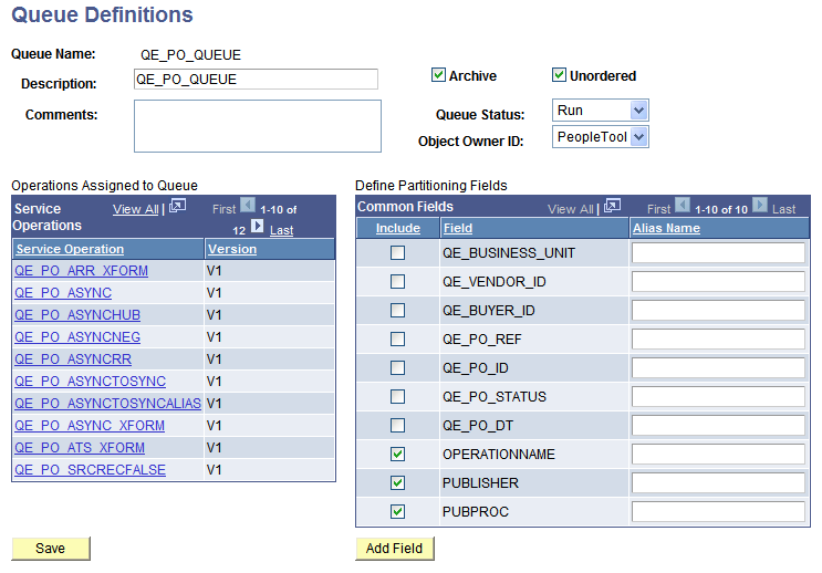 Queue Definitions page