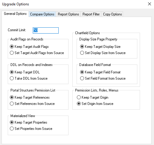 Upgrade Options dialog box: General Options tab
