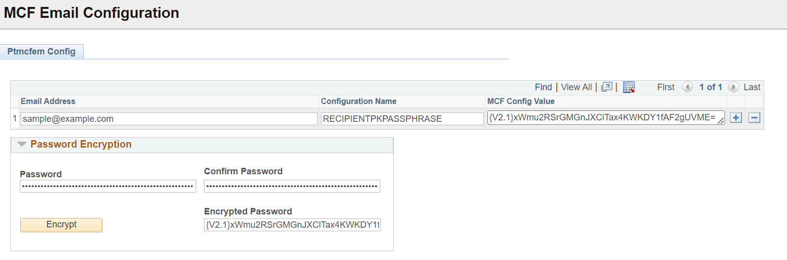 MCF Email Configuration page