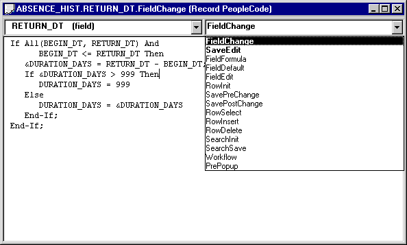 Selecting an event from the PeopleCode Editor