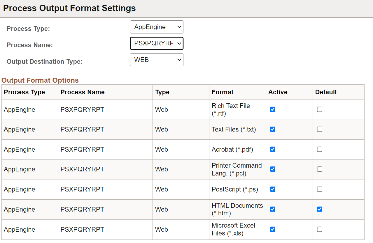Process Output Format Settings page