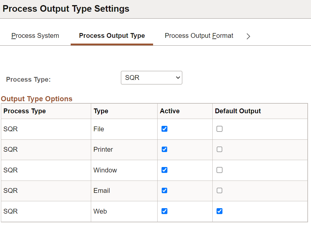 Process Output Type Settings page