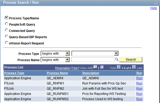 Process Search / Run page