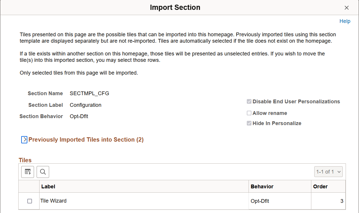 Import Section page: Re-import section