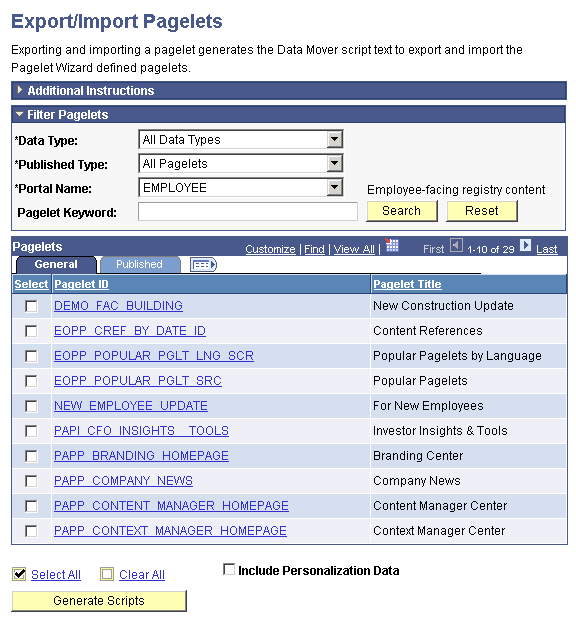 Export/Import Pagelets page