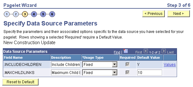 Specify Data Source Parameters page