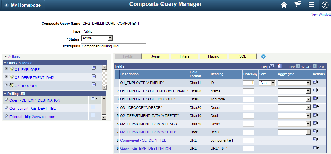 Composite Query Manager page - Drilling URL section