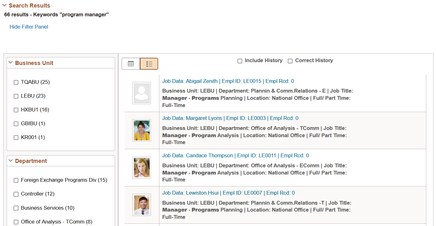 Keyword search - list view