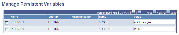 Manage Persistent Variables page