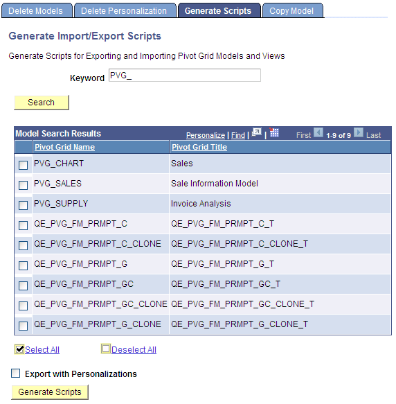 Generate Import/Export Scripts page