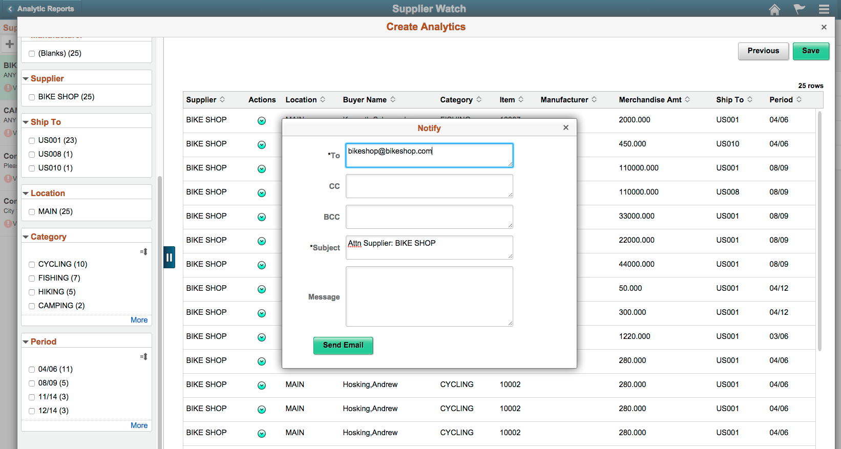 Supplier Watch List with the Notify window