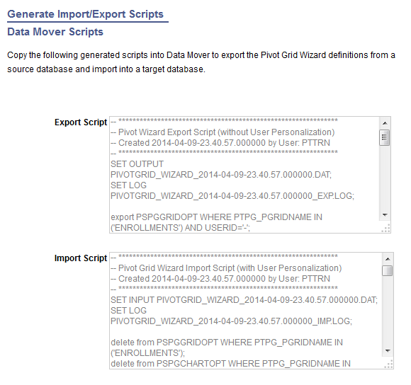 Generate Import/Export Scripts page - Data Mover Scripts