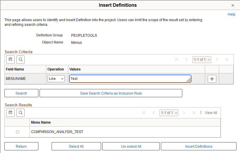 Insert Definitions page with search criteria defined and search results displayed.