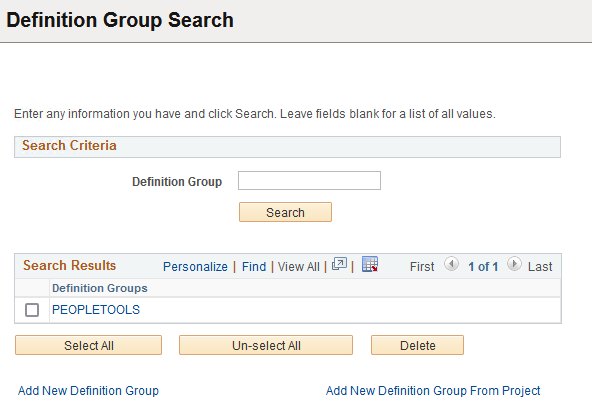 Definition Group Search page displaying search results