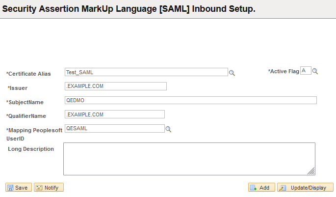 Security Assertion MarkUp Language [SAML] Inbound Setup page